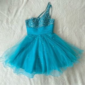 One Shoulder Short Homecoming Prom Turquoise Blue Dress with Tulle and Sequins